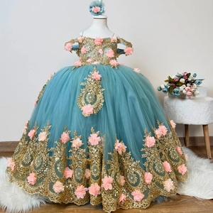 Vestidos de Niña de las Flores Azules Personalizados para Bodas, Apliques Dorados, Tul con Rosas, Precioso Vestido de Princesa para Primera Comunión, Baile de Gala - Product Image 2