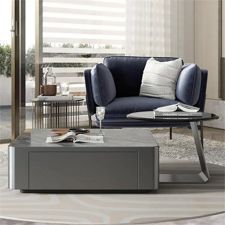 Table basse en verre et ardoise en acier inoxydable, luminaire de luxe moderne et minimaliste pour petit appartement