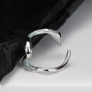 Minimalist Ice Blue Drops Glue Snake Ring Jewelry S925 Sterling Silver For Women Punk Sliver Anniversary Gift For Couple Zircon