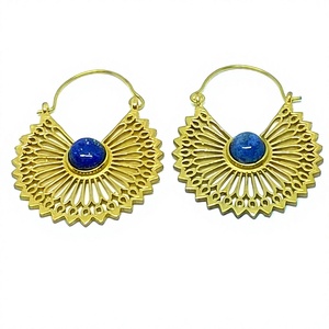Pendientes de Aro Populares de Diseño Floral Bohemia en Color Dorado Silver Zone para Mujer con Piedra Lapislázuli y Acentos de Diamantes, de Latón, para Aniversario - Product Image 1