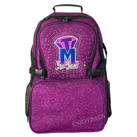 Sac à dos de cheerleading personnalisé violet pailleté avec logo de club brodé et détails en strass, sac d'équipe personnalisé pour filles