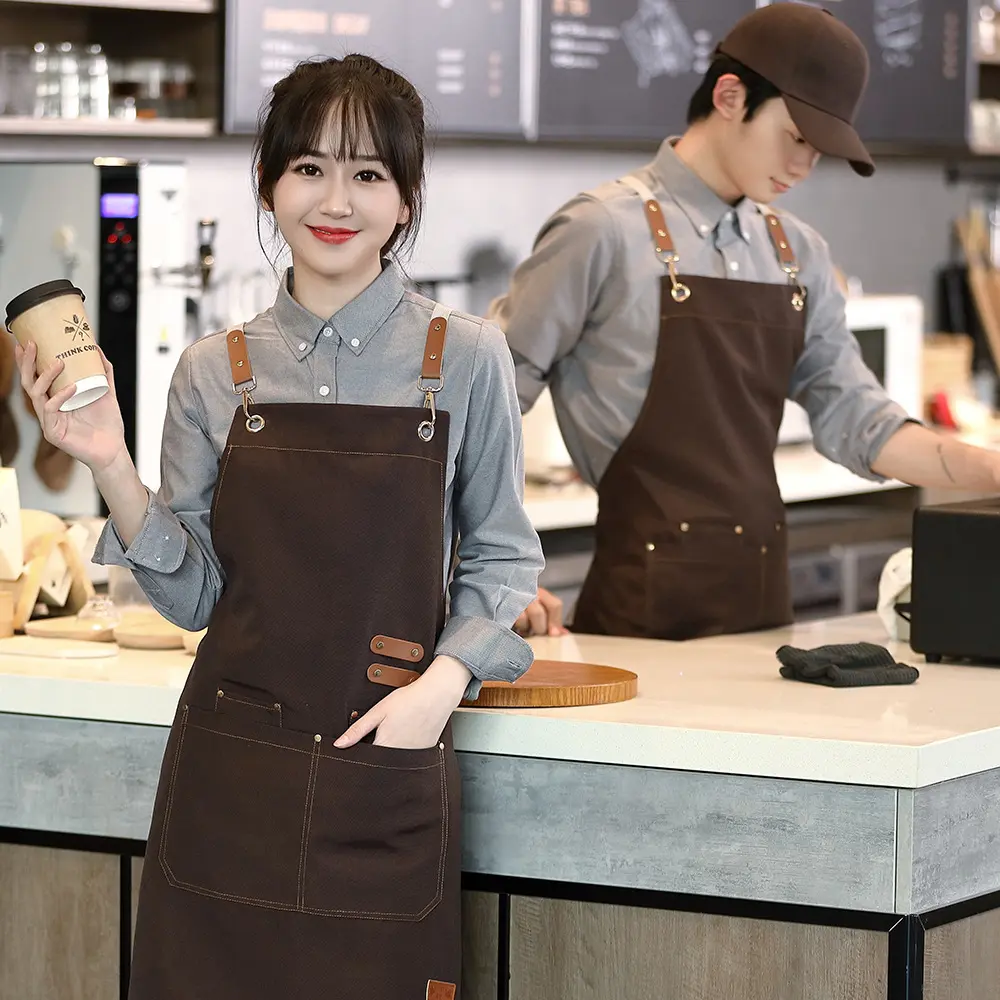 Waterproof Custom Logo Women Men Waiter Cafes Nail Beauty Hair Salon Uniform Grill Work Kitchen Cotton Canvas Apron With Pocket