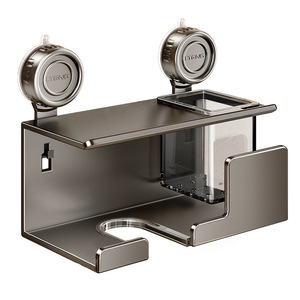 Suction Mounted Hair Dryer Holder Bathroom Storage Rack Gunmetal Gray Corner Wall Shelf With Organizer For Sink Area - Product Image 4