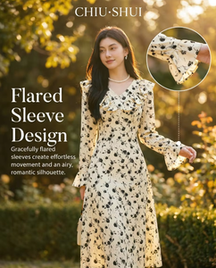 CHIU SHUI Abito in <span class=keywords><strong>Chiffon</strong></span> Floreale in Poliestere: Vestito <span class=keywords><strong>Midi</strong></span> Primaverile con Scollo a V e Maniche a Campana per Boutique - Product Image 2