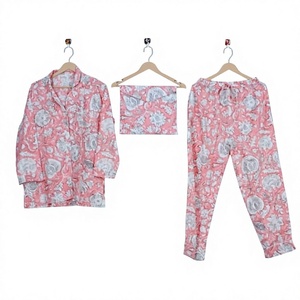 Ensemble de pyjama en coton floral 3 pièces pour femmes, manches longues, longueur intégrale, vêtements de nuit décontractés doux, col rabattu, taille élastique - Product Image 1