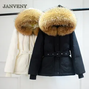 JANVENY, новинка 2022, зимняя утолщенная парка с большим мехом енота, женское пуховое пальто с перьями, женское водонепроницаемое пуховое пальто с капюшоном и поясом