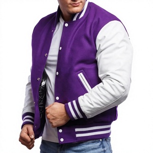 Veste universitaire pour homme, violette et blanche, en coton et polyester, décontractée, boutonnée, couleur unie, manches longues, col montant, pour l'hiver - Product Image 1