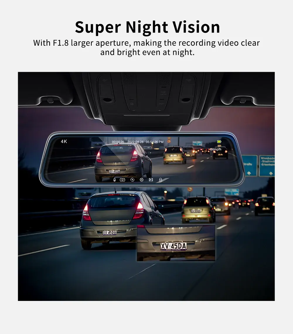 10" Mirror Dash Cam with 4K Front and Rear Dual Camera Loop Recording Night Vision WiFi Car DVR
