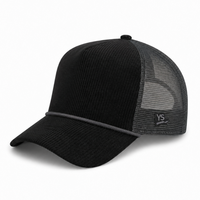 Casquette Trucker Noire Personnalisée en Velours Côtelé, 5 Panneaux, Dos en Maille, Réglable, Fermeture Snapback, Broderie Logo OEM pour Streetwear et Golf
