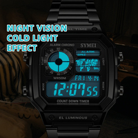 Montres-bracelets numériques électroniques pour hommes en acier inoxydable avec chronographe et alarme, affichage LCD, vente en gros