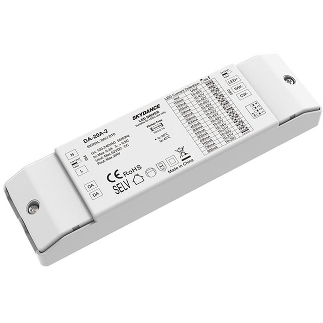 DA-20A-2 DALI CCT Constant Current LED Driver DALI-2 Dimming Mode PWM Digital Dimming 20W 100-800mA High PF for Dual Color Tap