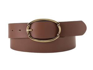 Ceinture décontractée en cuir véritable marron avec boucle ovale en cuivre, fermeture à ardillon durable, couleur unie, style homme - Product Image 1