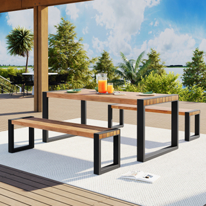 3-Piece Modern Outdoor Dining <b>Set</b> Acacia Wood <b>Table</b> with 2 <b>Benches</b> Steel Frame for Home & Hotel Use - Product Image 1