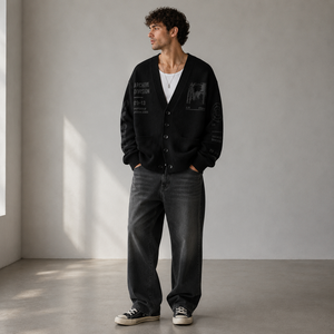 <strong>Mens</strong> Heavyweight Knitted Cardigan Sweater <strong>V</strong> <strong>Neck</strong> Archive Graphic Button up Oversized Streetwear Knitted <strong>Jumper</strong> Outerwear - Product Image 2