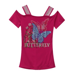 T-shirt da <span class=keywords><strong>donna</strong></span> trendy con farfalle e fiori, a maniche corte, con strass colorati termosaldati, top a spalle scoperte per feste - Product Image 5