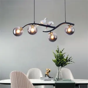 Lustre de mesa para sala de jantar, lustre preto dourado horizontal com pássaro, bola de vidro, luminária suspensa para cozinha