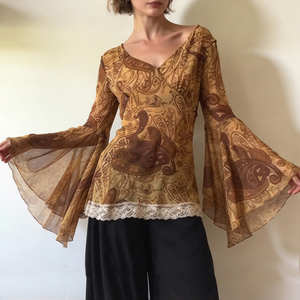 Blusa de Gasa con Estampado Paisley Vintage, Mangas Campana y Ribete de Encaje, Elegante y a la Moda para Mujer - Product Image 2
