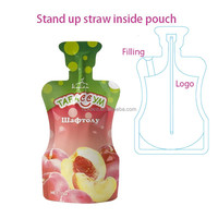 Sachets en plastique personnalisés pour boissons liquides avec paille, pour machine de remplissage de jus en aluminium, pochettes verticales à bec verseur