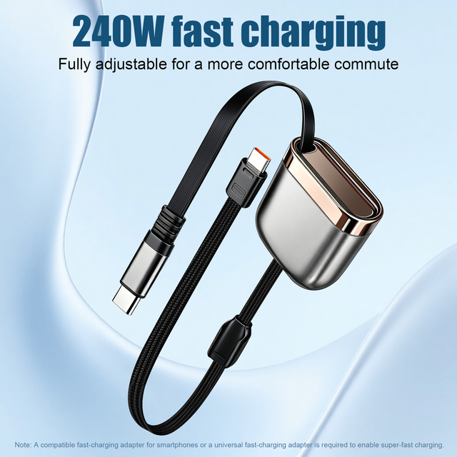 1.2m 240W Retractable Type-C Cable Pure Copper Conductor TPE Braided Jacket 5A PD Fast Charge IOS Camera Mobile Phone Computer