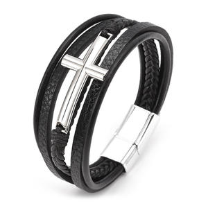 Pulsera trenzada multicapa de cuero negro marrón POYA para hombre con hebilla magnética cruzada de acero inoxidable envoltura de moda - Product Image 3