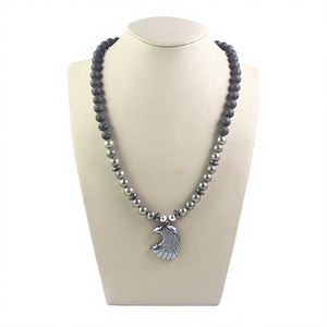 For <b>Hot</b> Sale Sweater Chain Round Bead Pyrite Volcanic <b>Stone</b> Black Gallstone Eagle Head Pendant Necklace for Men - Product Image 2