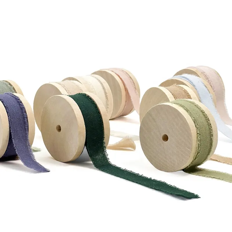 Custom Gift Ribbon Organic 1.5Cm Hand Torn Fringed Cotton Ribbon With Wood Spool