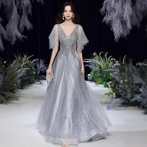 Evening Dress V-Neck A-Line Empire Waist Gray Black 3D Patterns Backless Formal Party Gown - Product Image 2