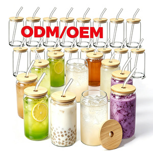 Jarra de Vidrio Transparente Personalizable con Impresión UV para <span class=keywords><strong>Cerveza</strong></span> y Refrescos de 16 oz con Tapa de Bambú y Pajita de Vidrio, Ecológica y Libre de BPA - Product Image 1