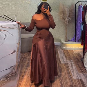 Manches longues femmes col oblique fuites épaule Patchwork irrégulière longues robes mode fête robe trapèze - Product Image 1