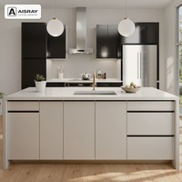 Armoires de cuisine personnalisées en acrylique au design luxueux, aménagement en îlot, boîtes d'armoires en panneaux de particules et tiroirs à fermeture douce