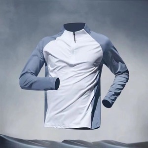T-shirt de sport blanc à manches longues pour homme, col montant, manches raglan, séchage rapide, coupe ajustée, en polyester tricoté, couleur unie - Product Image 1