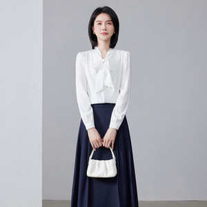 Women's White Long Sleeve Blouse Poplin Anti-Wrinkle Wrap Tie Work Formal Shirt Spring Summer 2026 - Product Image 1