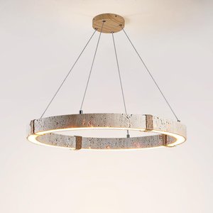 <span class=keywords><strong>Lampadario</strong></span> a Sospensione in Travertino Stile Medievale, Luci LED Circolari per Soggiorno e Sala da Pranzo, Lampadari in Pietra Gialla - Product Image 1