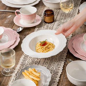 2025 French Lace Ceramic Dinnerware <b>Set</b> Embossed Floral Edge Gold-Trimmed Soup Rice Bowl Wholesale Home <b>Restaurant</b> Cup Kit - Product Image 3
