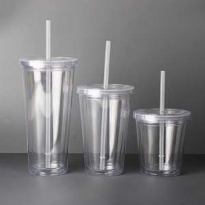 Venta al por mayor de vasos de plástico acrílico transparente de doble pared sin BPA de 12oz, 16oz, 22oz, 24oz para jugo, agua, té y café con pajita y tapas - Product Image 1