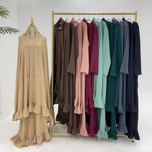 긴 주름 장식 Khimar 세트 겸손한 터키 Eid 무슬림 여성 원피스 이슬람 의류 도매기도 Abaya 2 조각 크레이프 - Product Image 2