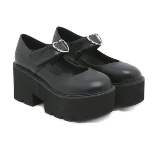 Vrouwen Lolita Schoenen Platform Mary Janes Gothic Hart Gesp Enkelband Rond Neus Dikke Hak Uniform Jurk Pumps Schoenen