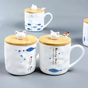 जापानी घर रचनात्मक बिल्ली और मछली ढक्कन के साथ कॉफी मग बच्चों कार्टून नाश्ता दूध मग