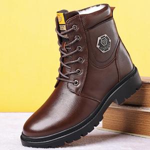 Bottes Martin pour homme, bout rond, en cuir, avec doublure en fourrure, semelle en caoutchouc isolante, bottes de travail tendance - Product Image 2