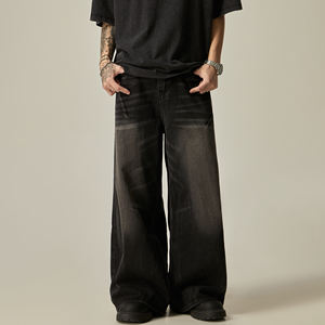 بنطلون جينز رجالي أمريكي ريترو أسود متوسط الغسيل واسع الساق بخصر متوسط وطراز الشارع العصري طويل وفضفاض مستقيم - Product Image 1