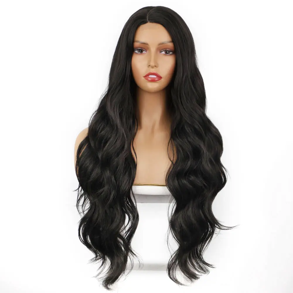 Hot Vendor Side Part Synthetic Blend lace Long Wavy Mono Black Glueless Wig Women Cosplay Heat Resistant Fiber Curly Color Wig