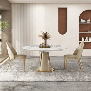 Luxury White Rock Slab Dining <b>Table</b> Round <b>Expandable</b> Champagne Gold Flared Base 4-8 Seater Home Restaurant Hotel Furniture - Product Image 3