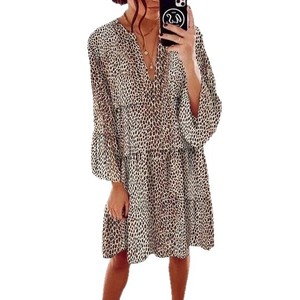 Robe à imprimé léopard à manches mi-longues, col en V, taille ample, style bohème, décontractée pour femmes - Product Image 5