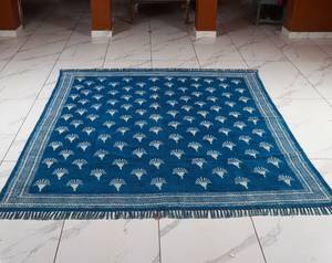 Indigo Dabu Block Print Cotton <b>Rug</b> 4x6 Handmade Carpet with Tassels <b>Boho</b> Floor Mat Living Room Decor - Product Image 1