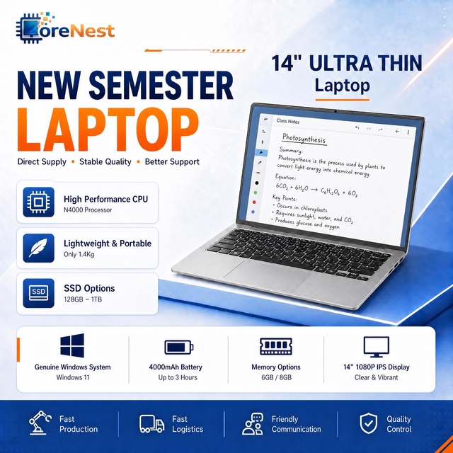 CoreNest Wholesale 14 Inch Portable Student Laptop Intel N4000 Dual Core Slim Laptop Windows 11 for Student School Education