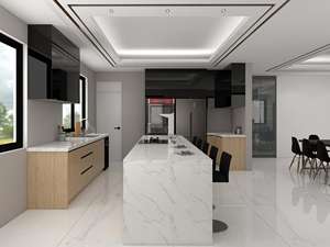 Armoires de cuisine de style épuré, finition brillante, noir et bois, en contreplaqué modulaire en forme de L pour appartement - Product Image 5