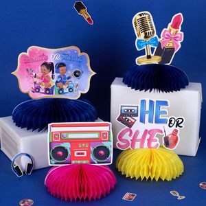 Centrotavola a Nido d'Ape 'Beauty or Beats' per Decorazioni Gender Reveal, Decorazioni da Tavolo 'Lui o Lei' per Feste a Tema Disco Anni '80 e '90 - Product Image 5