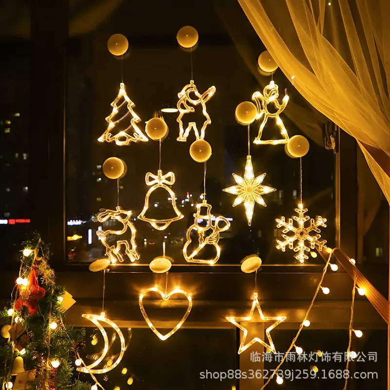 Window 3D Hanging LED Christmas Decoration Light Christmas Deer Fawn Bells Pine Tree Stars Moon LED Christmas Light