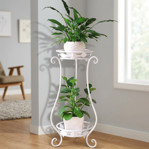 White <b>Metal</b> <b>Flower</b> <b>Stand</b> With Two Tiers For Indoor Plants Classic Vintage Design Powder Coated Finish - Product Image 4