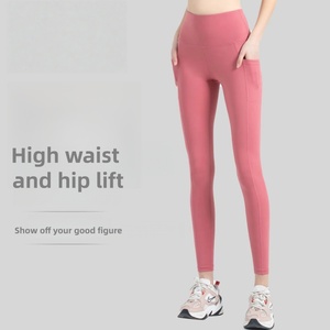 Pantalon de yoga taille haute pour <span class=keywords><strong>femme</strong></span>, uni, avec poches, effet ventre plat, en tissu extensible, longueur intégrale, legging de sport moulant - Product Image 1